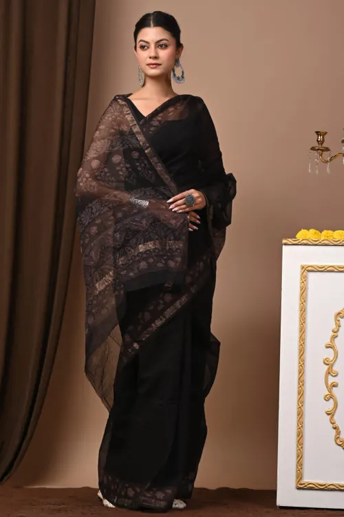 Handcrafted Bagru Print Black Colour Kota Sarees